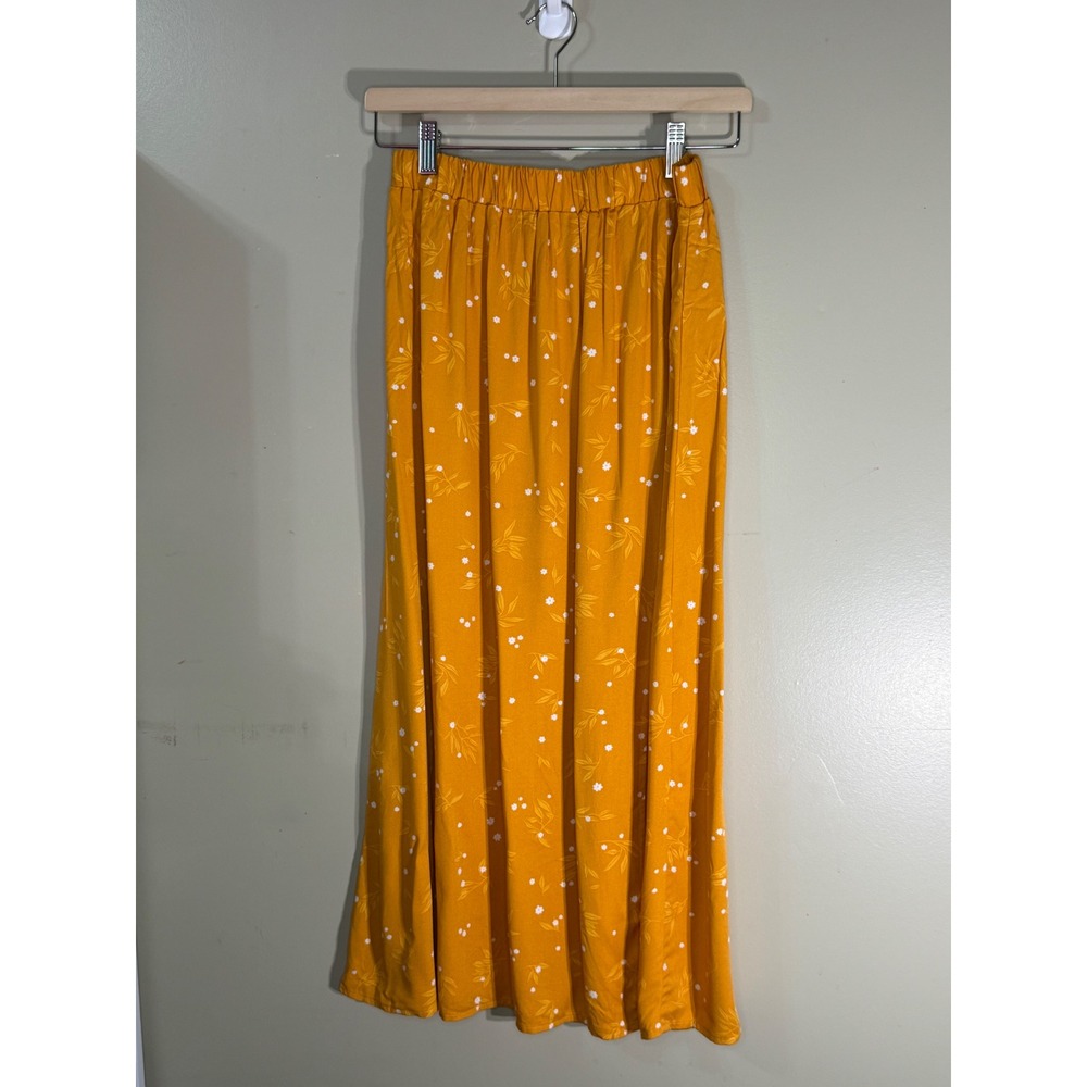 Rachel Mustard Yellow Floral Maxi Skirt Elastic Waist Size S